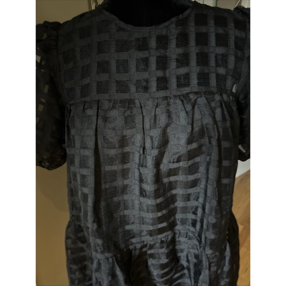 English Factory Puffy Sleeve Black Dress window pane semi sheer lined tired sz S - Picture 2 of 16